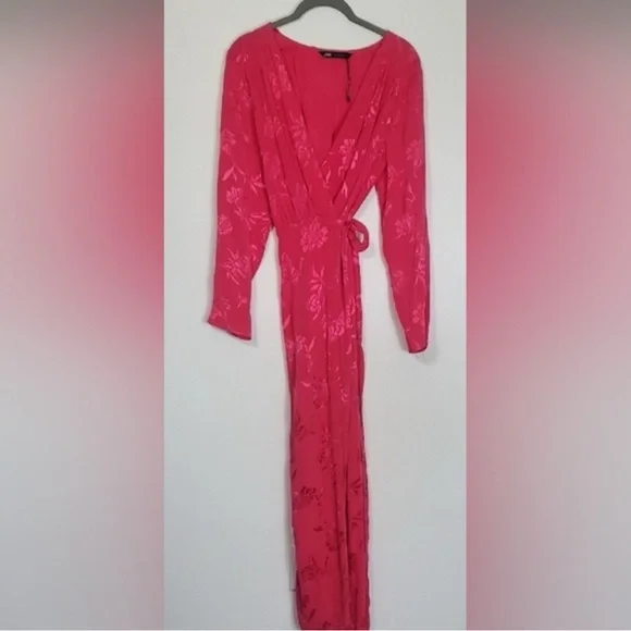 Zara Jacquard Maxi Midi Wrap Dress Size XS Pink Floral Belted Kimono Silky Robe - Picture 7 of 8